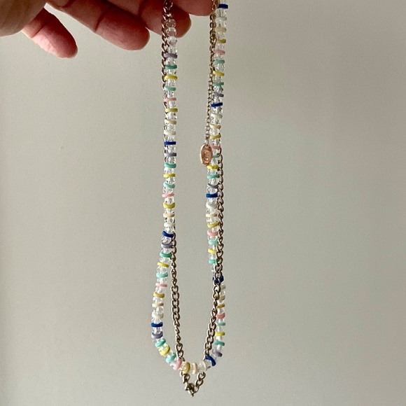 Beaded Multi Coloured Necklace/w Clear Crystals and Golden Chain - Picture 4 of 14